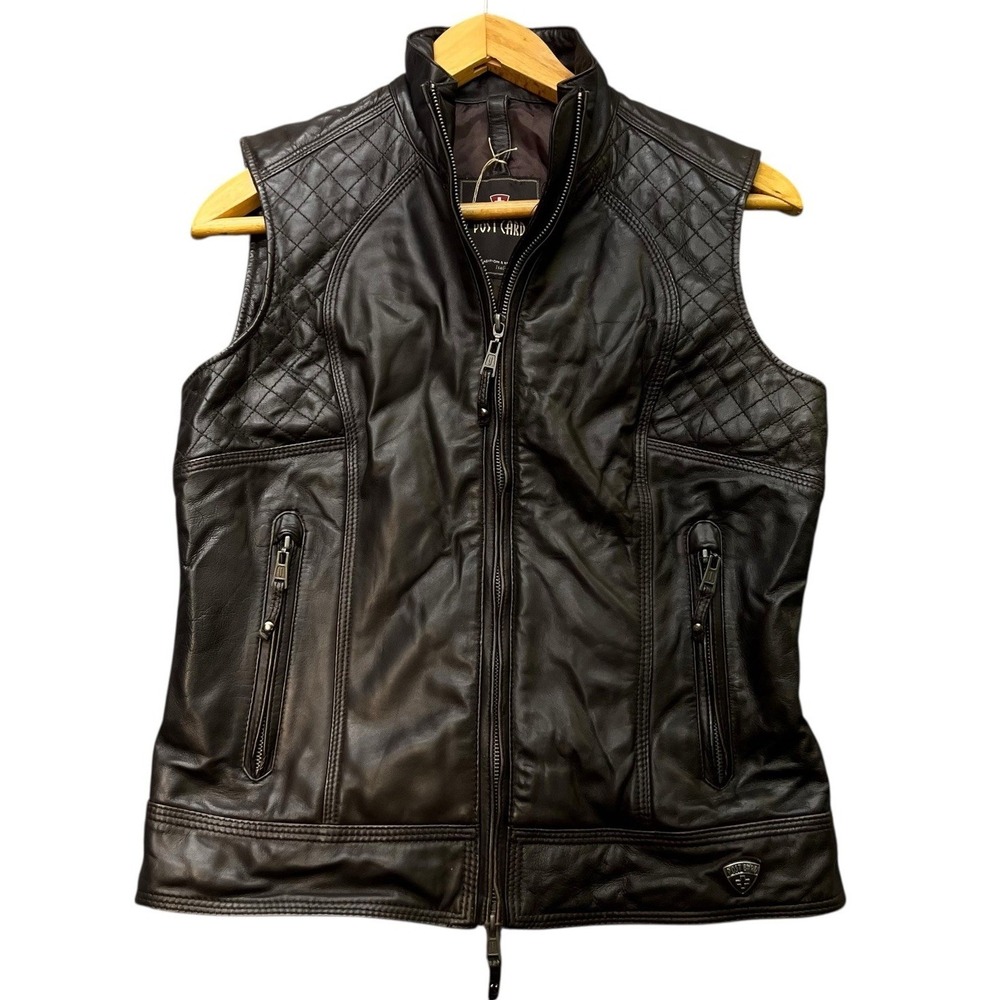 Post Card Italy Leather Moto Vest‎ Womens Small Quilted Black Full Zip